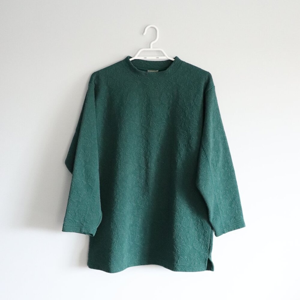 Vntg Lady Footlocker Women's Sz‎ S Green Embroidered Flower Mock Neck Pullover